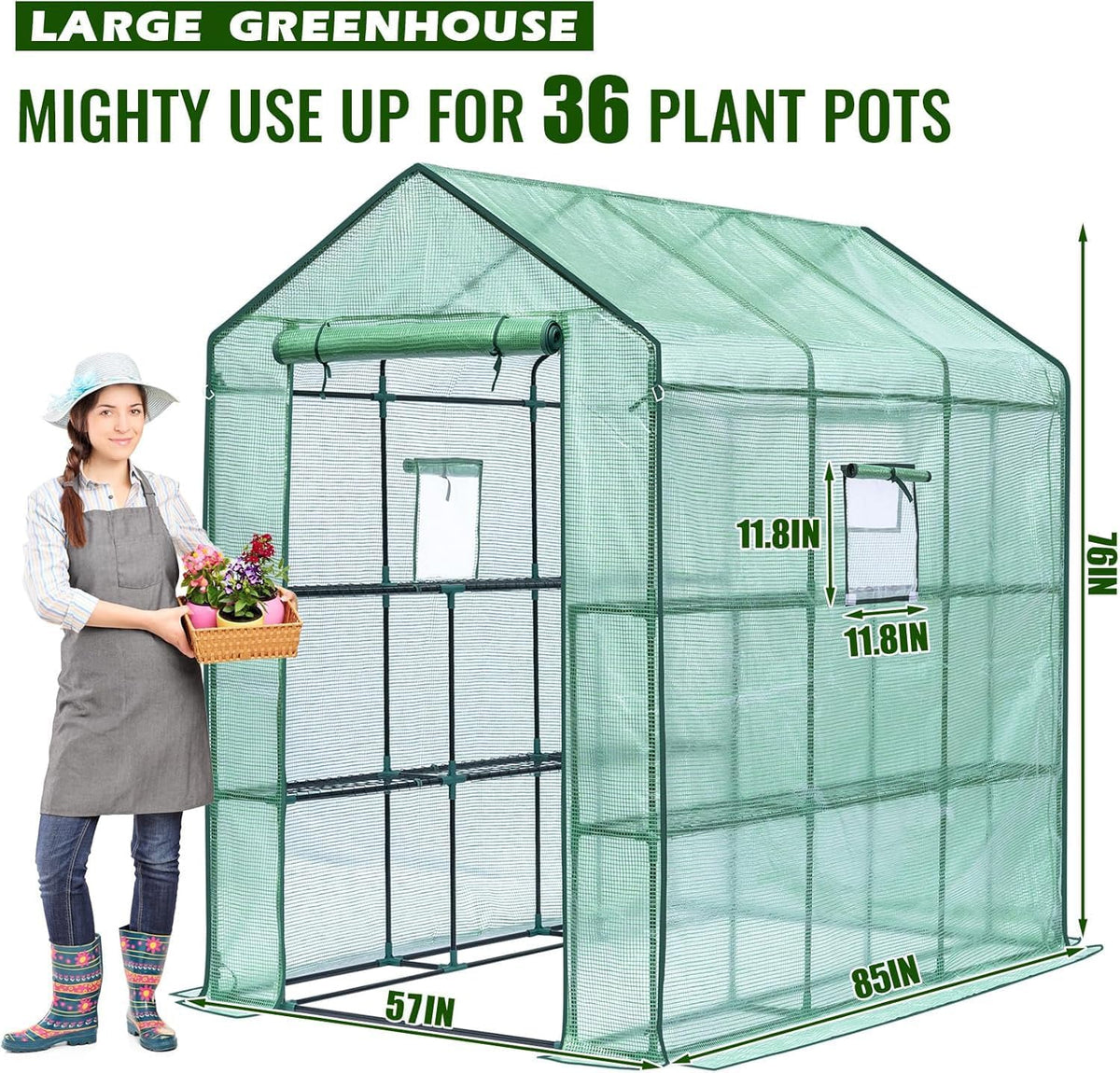Greengro Greenhouse, 57 x 85 x 76'' Greenhouses for Outdoors, Portable Greenhouse Kit with Mesh Side Windows, PE Cover, 8 Shelves, Heavy Duty Walk in Green House for Backyard Garden Indoor Outside