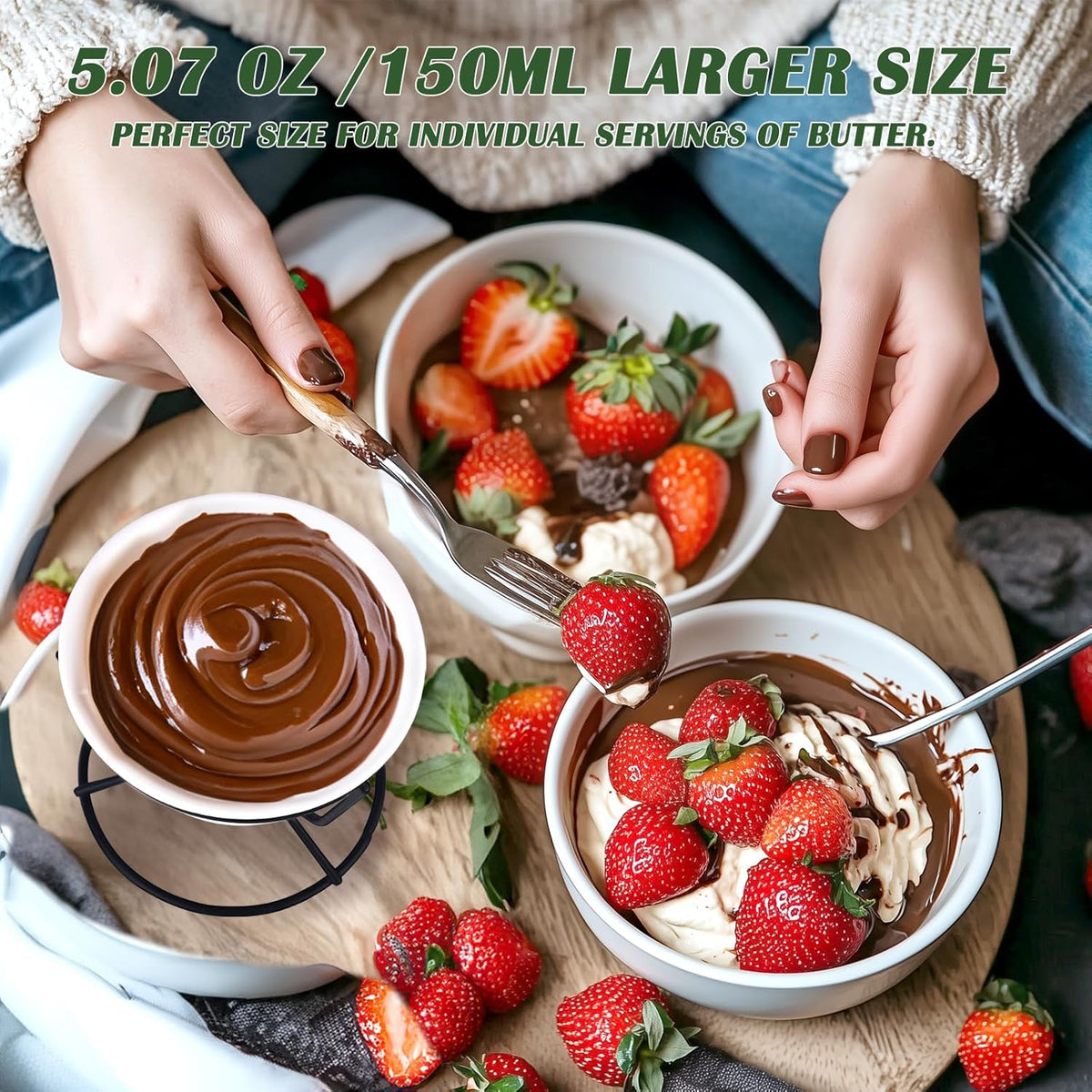 4Pcs Fondue Pot Set for Chocolate Butter Cheese, 5oz Butter Warmer for Seafood with 20 Tealight, Ceramic Bowl Oven Microware Dishwasher Safe,Perfect for family dip Fruit,Dessert,Snack