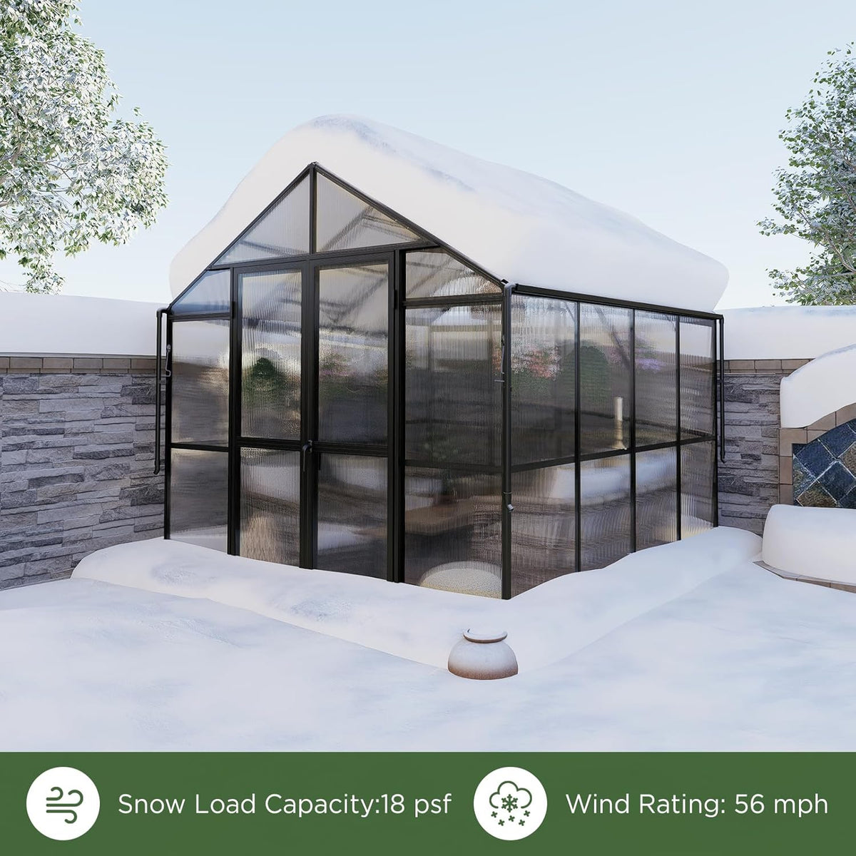 HOWE 8x8x7.5 FT Aluminum Greenhouses for Outdoors,Polycarbonate Greenhouse with 2 Vents Lockable Swing Door Rain Gutter,Walk-in Greenhouse for Backyard Plants, Black