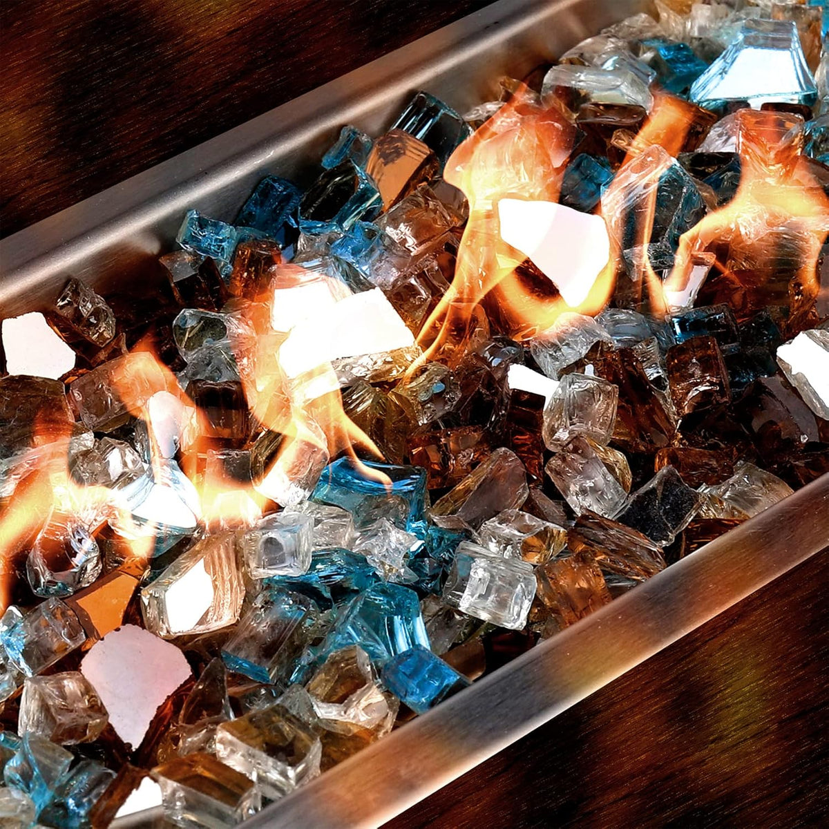 Mr. Fireglass Blended Reflective Fire Glass for Fire Pit Fireplace and Landscaping, 10 Pounds 1/4 Inch Mixed Colored High Luster Fireglass Rocks for Outdoor and Indoor Use Aqua Blue+Copper+Platinum
