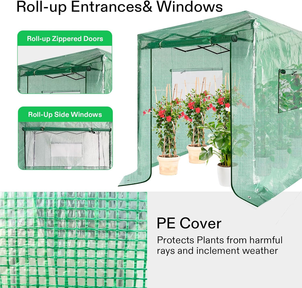 VIVOSUN 8'x6' Portable Walk-in Greenhouse with PE Cover, Instant Pop-up and Walk-in Folding, Roll-Up Zipper Entry Doors and 2-Side Viewing Windows, Easy Setup for Plants Outdoor