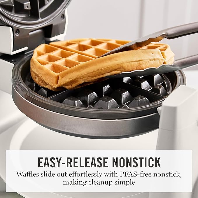 Martha Stewart Rotating Waffle Maker, 180° Flip Iron with PFAS-Free Nonstick Plates, Adjustable Timer, Ready Light, Drip Tray, Space Saving, Classic Round 7”, Easy to Clean, Stainless Steel, Linen