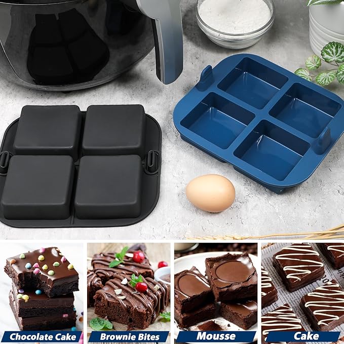 Webake Silicone Air Fryer Brownie Pan for Baking, Nonstick 2.6" Square Silicone Mold for S'mores, Cake Puck, Muffin, 4-Cavity Set of 2
