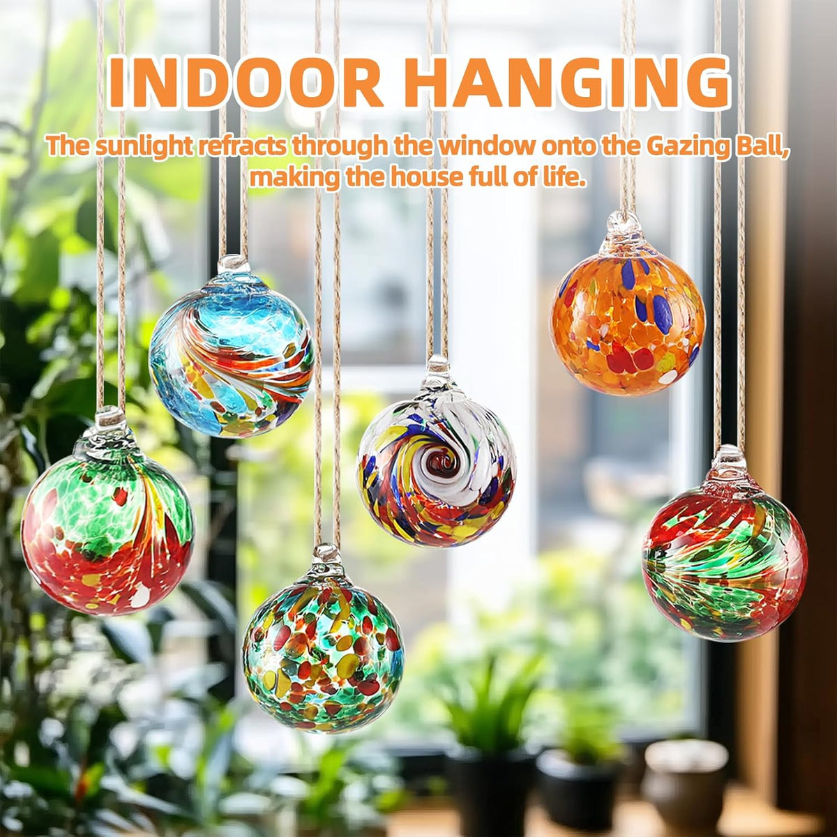 VOREEN 6pcs Hand-Blown Glass Ornaments Balls Hanging Gazing Ball Friendship Ball Glass Witches Balls for Outdoor Garden Patio Window Home Décor, Gift for Mom Wife Friend