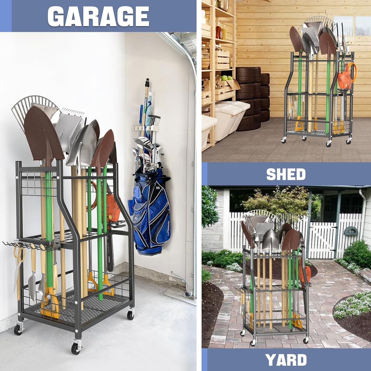 WALMANN Garden Tool Organizer with Wheels for Garage, Rakes/Shovels/Yard Tools Storage Stand for Garden, Shed, Indoor/Outdoor Long-Handled Tools Rolling Cart