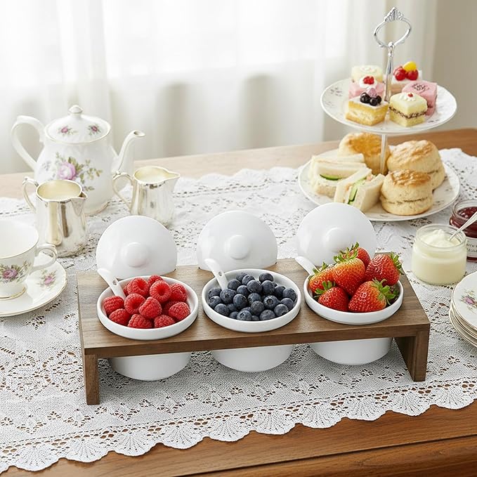 MyGift 10 Pcs Condiment Pot Serving Dish Set, Hosting Essentials, Premium Acacia Solid Wood Raised Display Server Tray and 3 Ceramic Ramekin Dip Bowls with Lids and Spoons