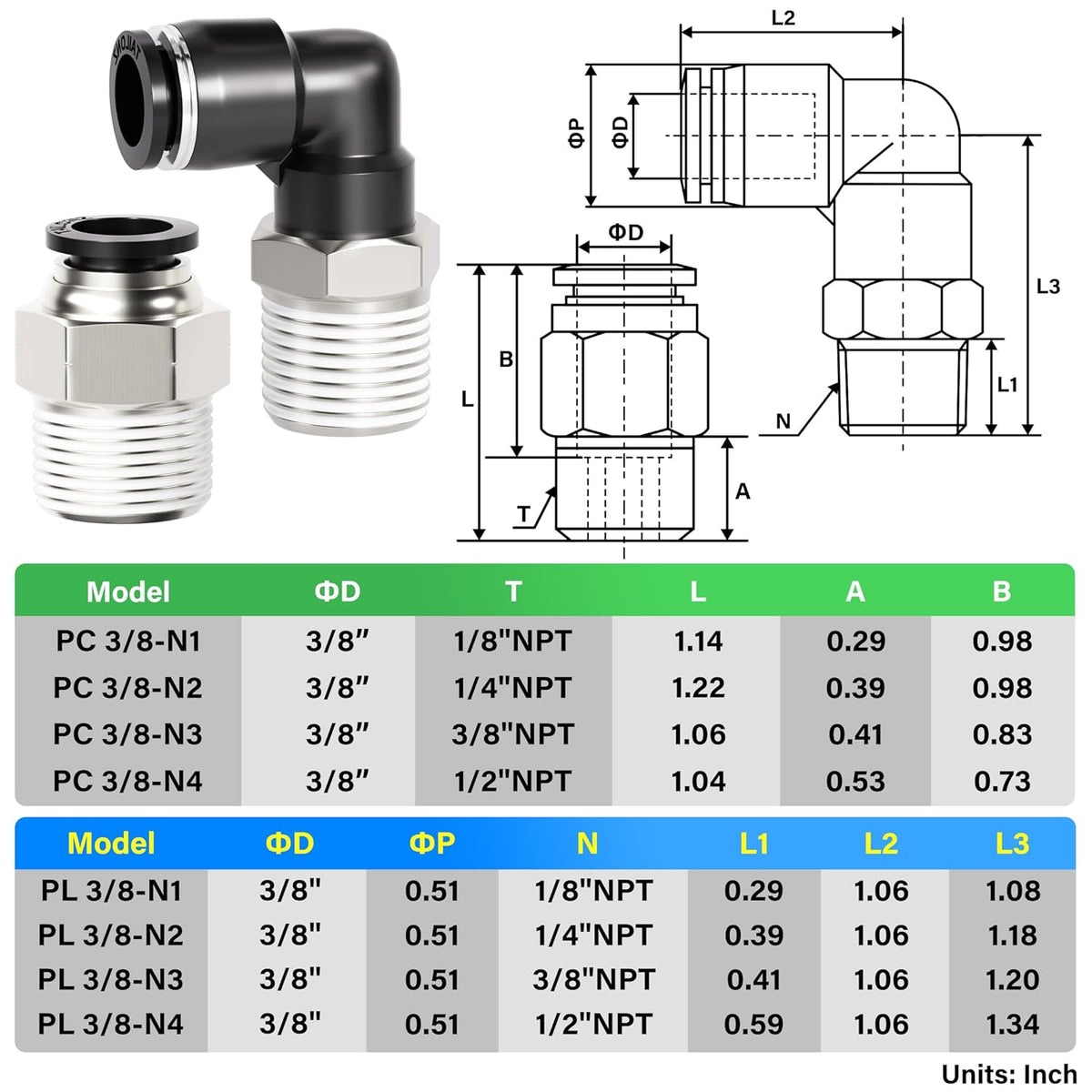 TAILONZ PNEUMATIC Elbow and Straight Combination 3/8 Inch Tube OD x 3/8 Inch NPT Thread Push to Connect Fittings PC-3/8-N3+PL-3/8-N3(Pack of 4)