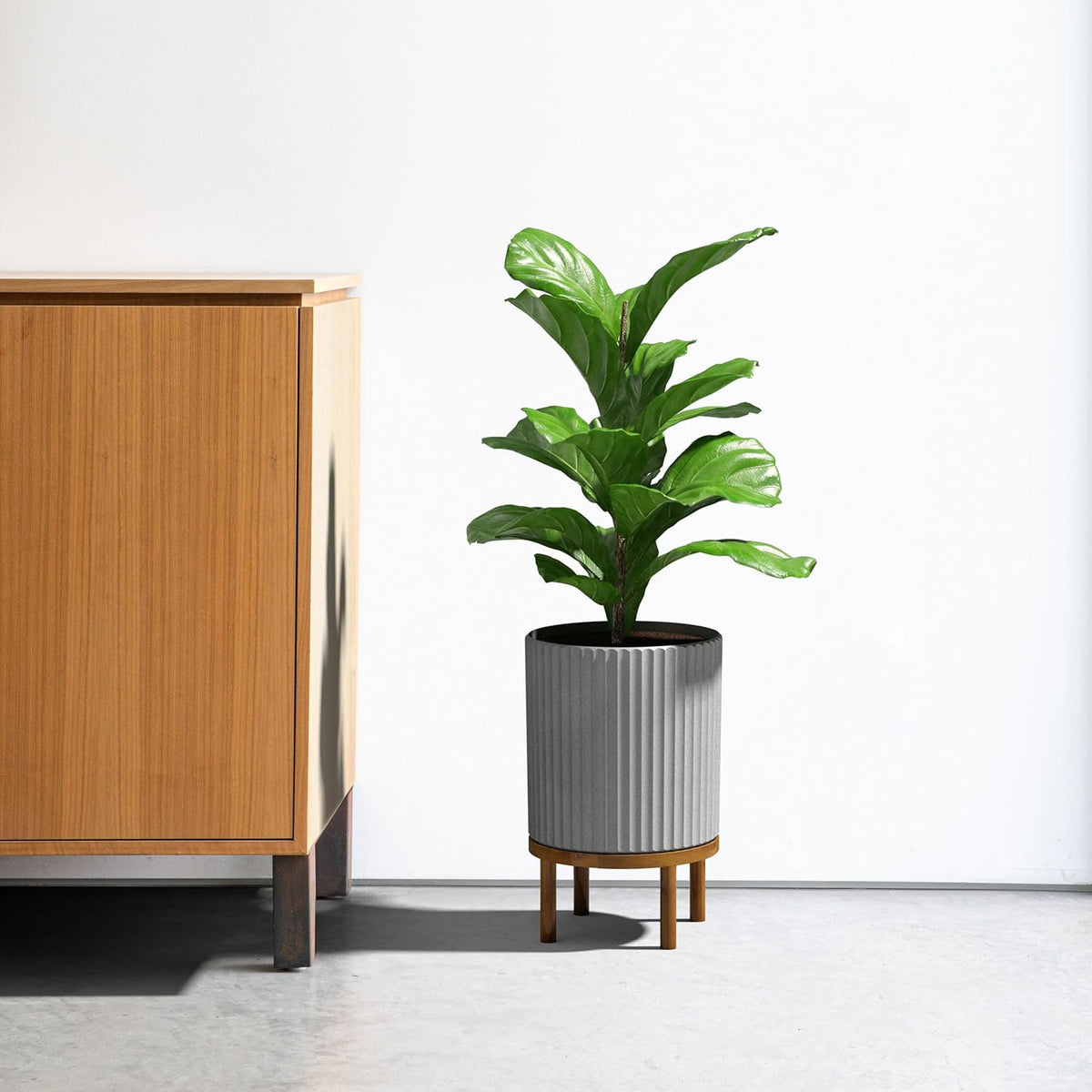 Veradek Demi Series Round Planter w/ Stand for Porch/Patio | Durable Plastic-Concrete & Wooden Stand | Modern Décor for Tall Plants, Flowers