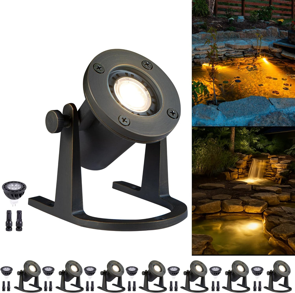 Bronze Pond Light - 12V Low Voltage Solid Brass Submersible Pondlight, IP68 Waterproof Fixture with 2700K MR16 LED Bulb for Outdoor Garden, Landscape, Waterfall, Fountain Lighting(8 Pack)