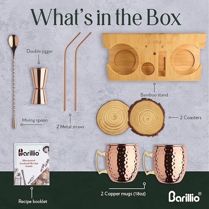 Barillio Moscow Mule Mugs Set - 2 Stainless Steel, Copper-Plated Cocktail Mugs with Bamboo Stand - Food-Safe, Moscow Mule Kit with Copper Cups, Drinking Straws and Mixing Spoon - 2 x 18 Oz