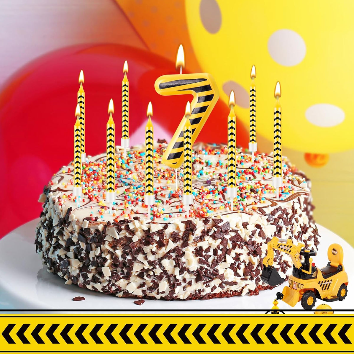 13 Pcs Construction Themed Birthday Candles Set Yellow and Black Number 7 Candle Cake Topper for Construction Party Decoration Supplies (Number 7)