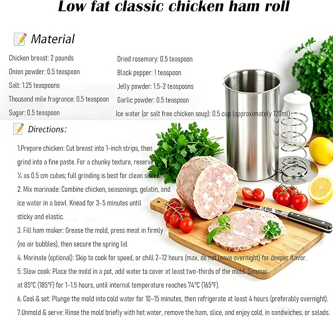 Stainless Steel Ham Maker Meat Press with Thermometer,Homemade Lunch Meat Maker Mold with Spring-Loaded Platen for Cold Cuts, Meatloaf, and Sandwich Making