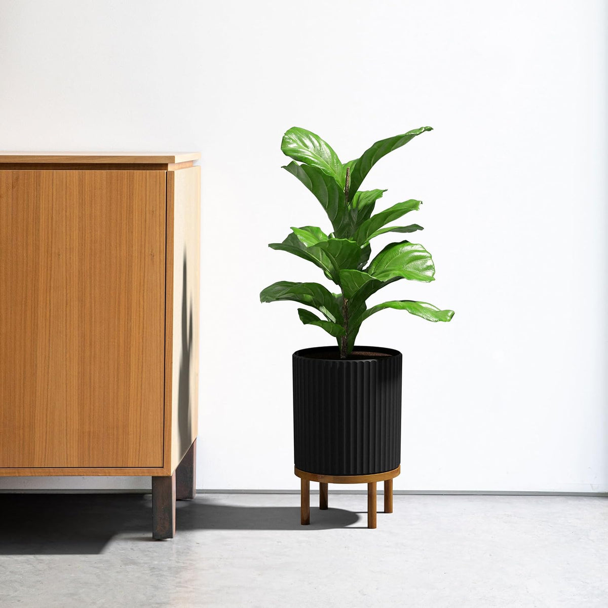 Veradek Demi Series Round Planter w/Stand for Porch/Patio | Durable Plastic-Stone Composite & Wooden Stand | Modern Décor for Tall Plants, Flowers