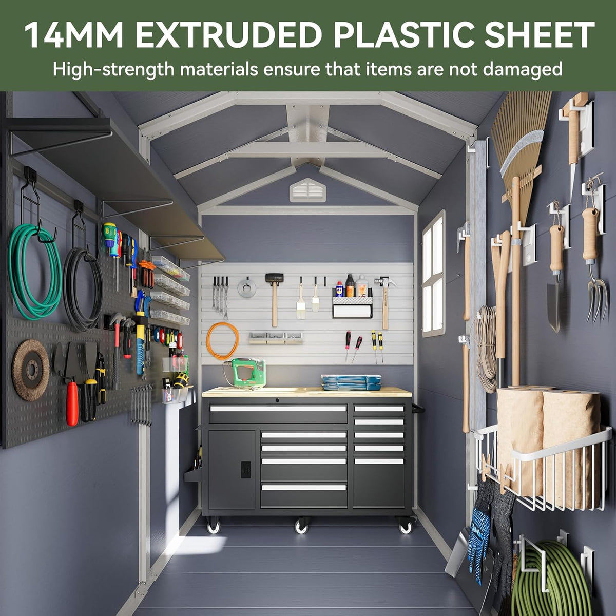 Aoxun 6.3 X 4.2 FT Resin Storage Shed Outdoor Plastic Large Garden Shed with Lockable Door, Floor for Backyard, Garden, Patio, Lawn, Grey (Grey, 6.3 x 4.4)