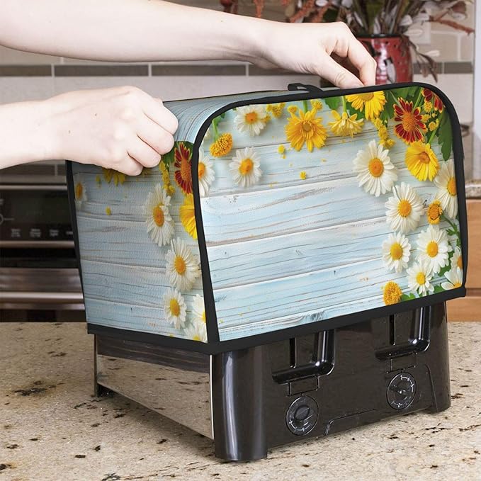 Spring Daisies Wooden Toaster Cover 2 Slice, Cute Rural Bread Machine Cover, Washable Dust-Proof Cover for Kitchen Small Appliance Cover,with Top Handle