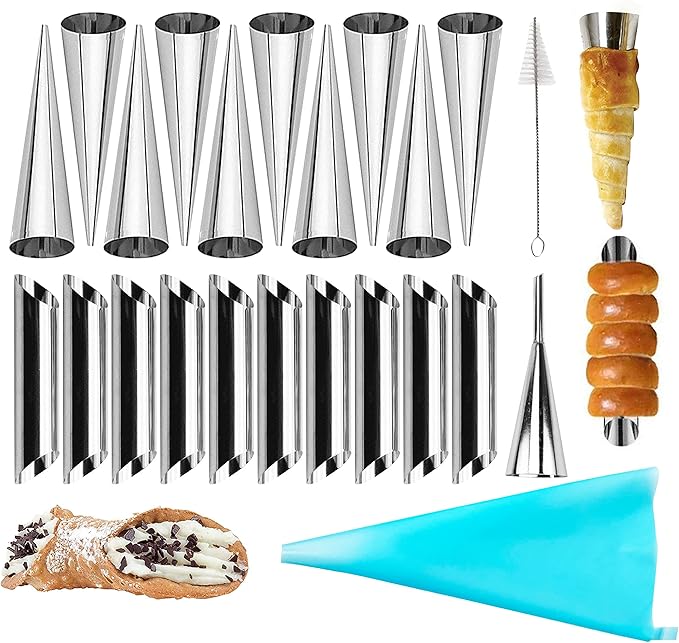 10 Pack Croissant Baking Forms 5 Inch + 10 Pack 5 Inch Cannoli Tube Moulds Kit, with Blue Pastry Bags Reusable, Cleaning Brush and Quality long Cream Icing Piping Tip for DIY Croissant Rolls