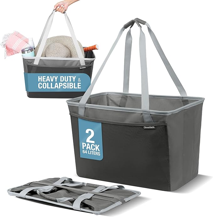 CleverMade Collapsible Tote Basket MAX (64L) – Extra Large Foldable Carry-All Storage Bin with Front Pocket, 60 lb Capacity Laundry Basket for Home, Dorm, RV & Trunk Organization