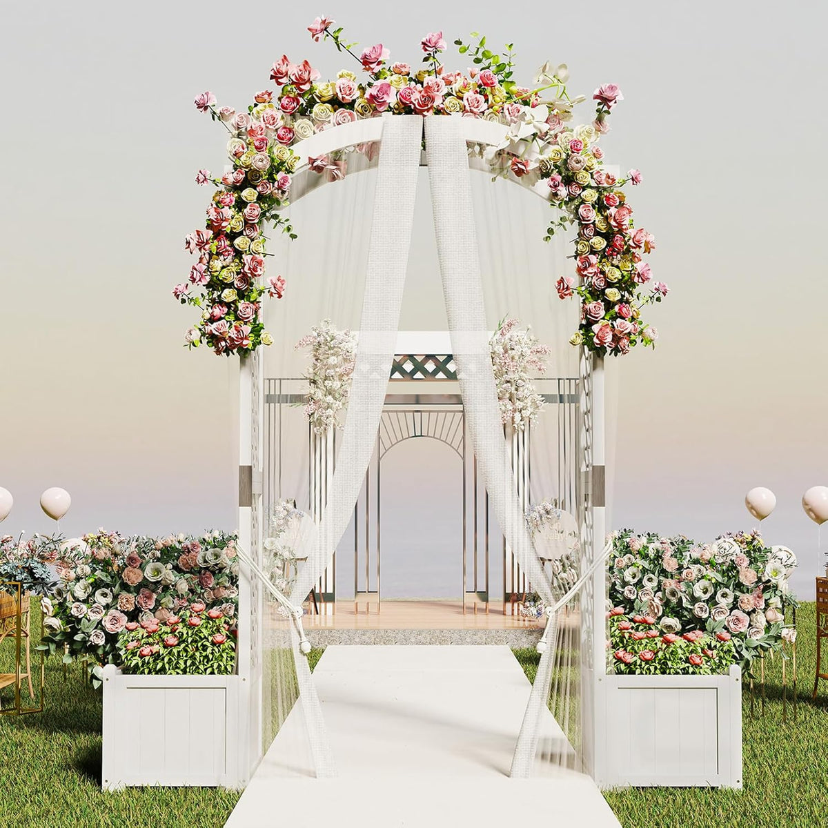 Giantex Garden Arbor with Planter Boxes, Wooden Arch with Trellis and Raised Garden Bed for Climbing Vine Plants Vegetables Herbs, Decorative Arbor Archway for Wedding, Ceremony, Party (White)