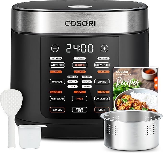 COSORI Rice Cooker Maker 18 Functions Multi Cooker, Stainless Steel Steamer, Warmer & Air Fryer TurboBlaze 6.0-Quart Compact Airfryer that Roast, Bake, Proof, 9 Functions