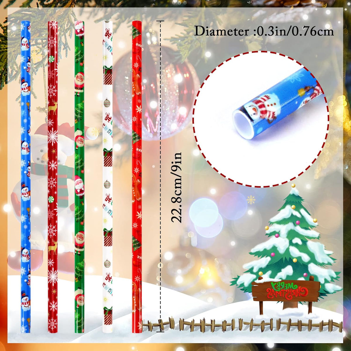 JANYUN 30 Pieces Christmas Drinking Straws BPA-Free 9inch Printing Hard Plastic Reusable Straws Xmas Balls Snowflake Elk Straw for Family Party Favors Supplies Cleaning Brush