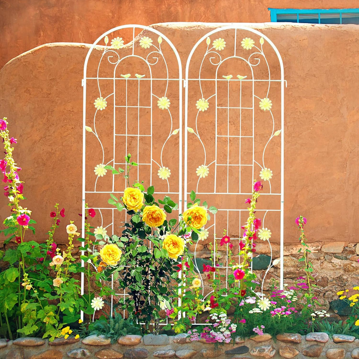 2 Pack Metal Garden Trellis for Climbing Plants 71" H Cream White Garden Fence Rustproof Trellis Support Roses Flower Outdoor Lawn, Cream White