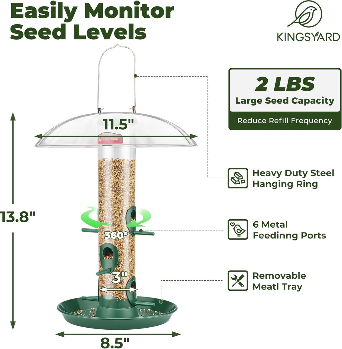 Kingsyard Metal Bird Feeders for Outdoors Hanging, Wild Bird Feeder for Finch Cardinal, Large Tray and Rainproof Dome, 2 lbs Seeds Capacity (Drak Green)