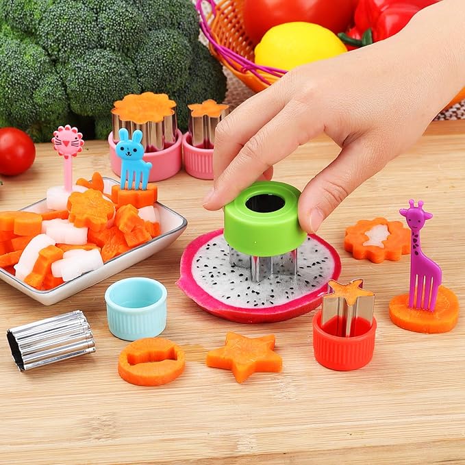 Vegetable Cutter Shapes Set, 24pcs, Mini Cookie Cutters Set Fruit Cookie Pastry Stamps Mold with 30pcs Food Picks and Forks -for Kids Baking and Food Supplement Tool Accessories