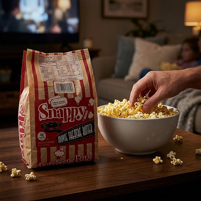 Snappy Movie Theater Butter Microwave Popcorn, 3.5 oz Large Bags, 48 Pack, Non-GMO, Whole Grain