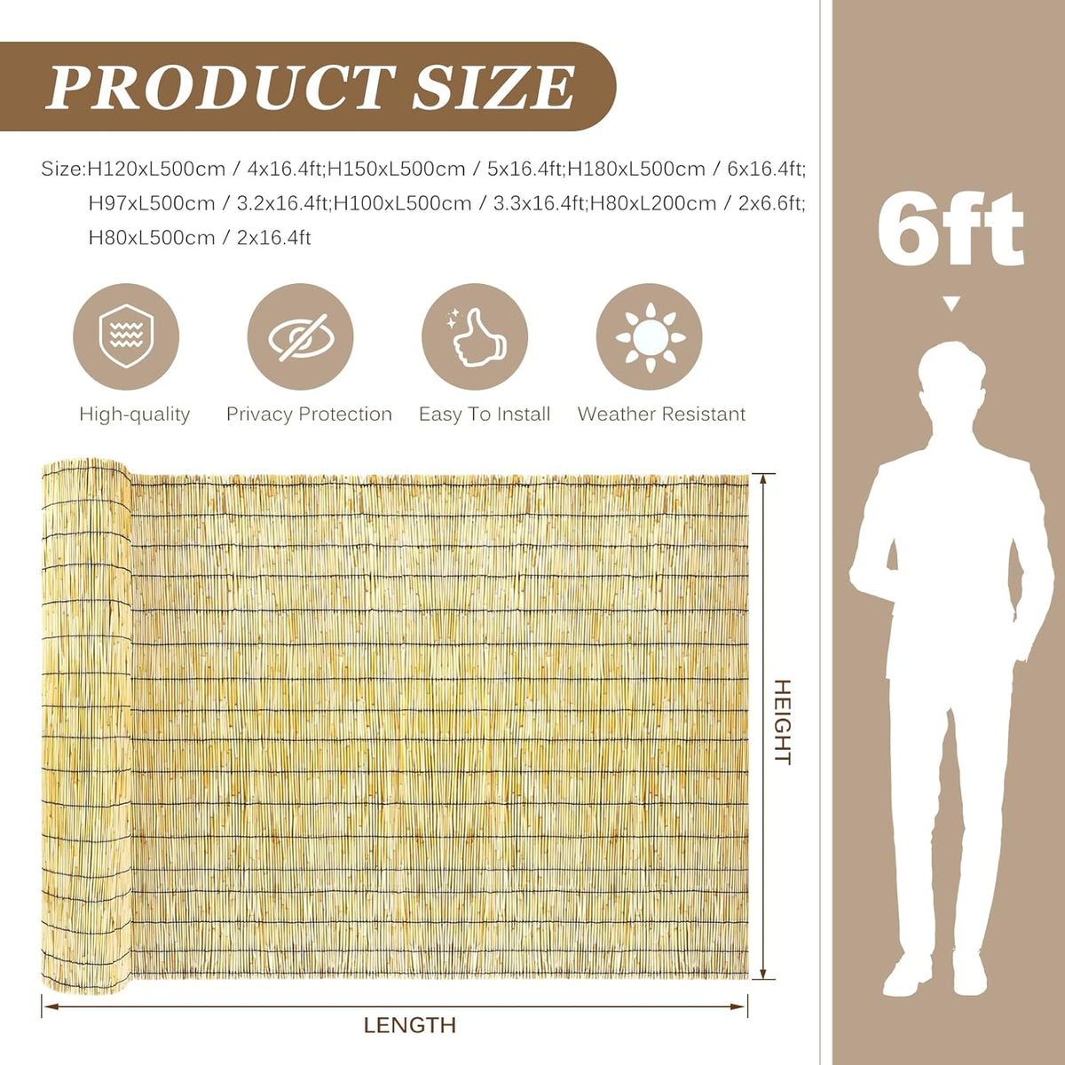 Natural Reed Fencing Rolls: Privacy Bamboo Fence 3/4/5/6ft High Roll Reed Screen, Decorative Bamboo Fencing for Outdoor Balcony Patio Garden Backyard,with Cable Zip Ties(Nature, 5x16.4ft)
