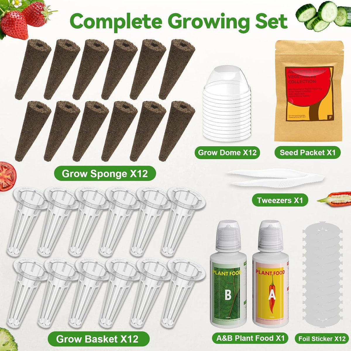 inbloom 12-Pod Fruit Seed Pod Kit for AeroGarden, iDOO, Ahopegarden Hydroponic Growing System, Included Strawberry, Cucumber, Green Pepper, Golden Tomato, Radish, Dwarf Pea, Beet, 400+ Seeds