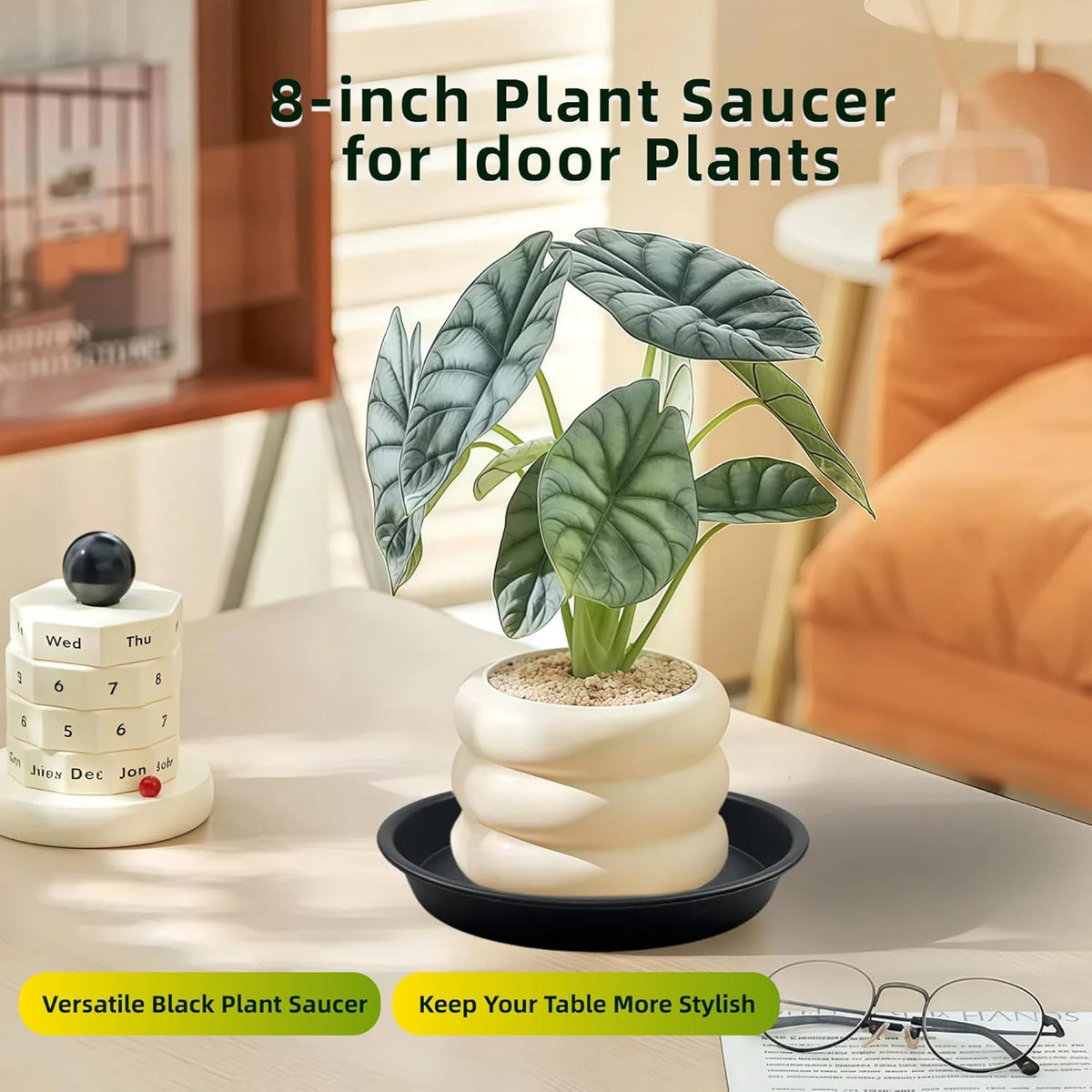 6 Pack 8 Inch Black Plant Saucers, Heavy Duty PP Plastic Plant Trays for Pots, Durable Flower Pot & Planter Saucers, Water Catcher Drip Trays Indoor Outdoor Use