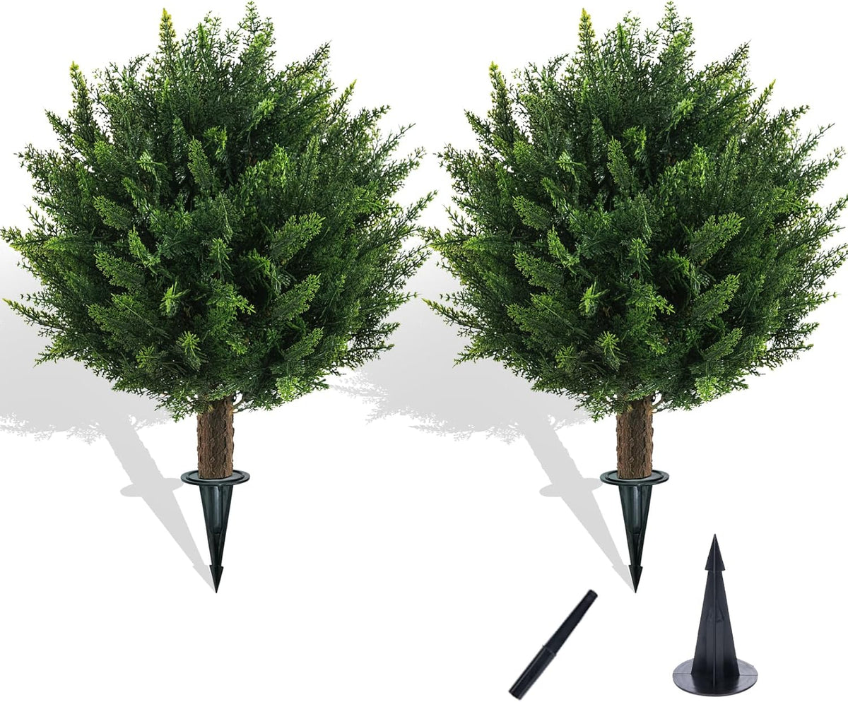 21" Artificial Cypress Topiary Outdoor Plants with Spike, 2 Pack Faux Cedar Bushes UV Resistant Fake Shrubs for Front Porch Décor