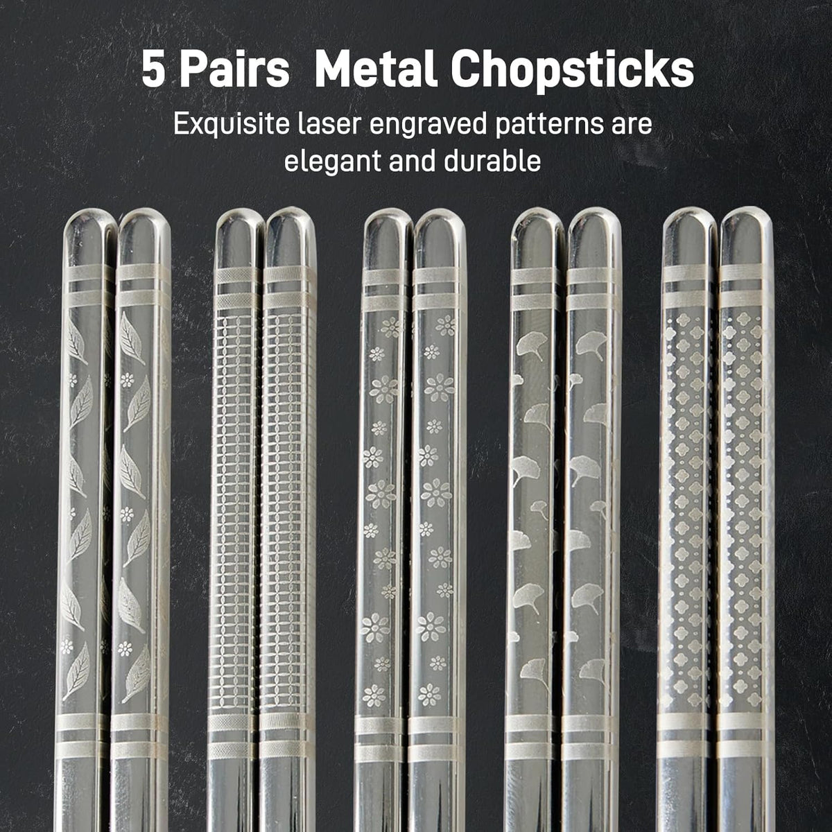 Metal Chopsticks Reusable 5 Pairs Stainless Steel Chopsticks Japanese Chinese Korean Metal Chop Sticks Dishwasher Safe Non Slip Cute Laser Engraved 9.25 Inch for Cooking Eating Gift Set