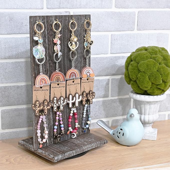 Ikee Design Wooden Rotating Two-Sided Jewelry Display Stand, Rotating Organizer with 32 Hooks for Store, Keychain Earring Display with Hooks, Coffee color, 9 W x 7.5 D x 16.5 H in