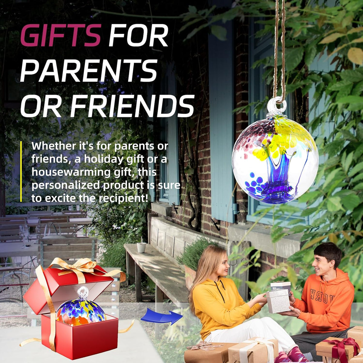 VOREEN 4" Hanging Glass Garden Gazing Ball Hand Blown Glass Witch Ball Christmas Ornament Friendship Balls for Outdoor Garden Patio Window Home Décor, Gift for Mom Wife Friend, Blue