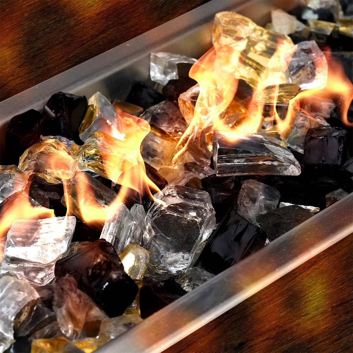 Mr. Fireglass 10 Pounds Reflective Fire Glass for Fire Pit Fireplace and Landscaping, 1/4 Inch Blended High Luster Fireglass Rocks for Outdoor and Indoor Use Gold+Onyx Black+Platinum