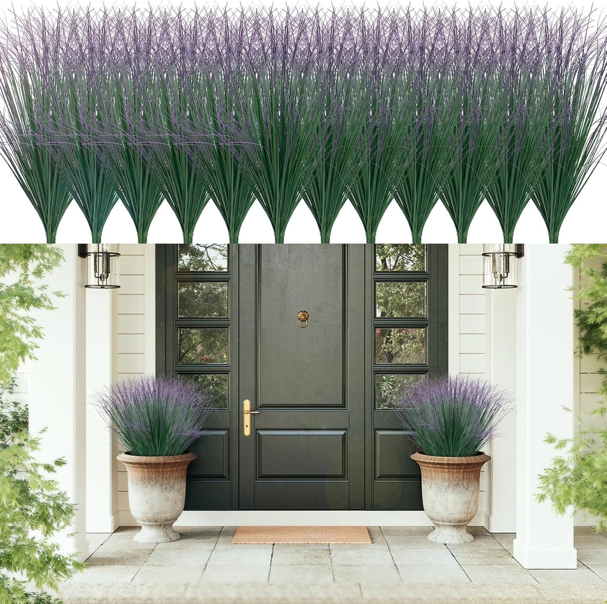48Pcs Artificial Grass Plants, Faux Shrubs Wheat Grass, Artificial Tall Grass Fake Plants for Outdoor Decor,Artificial Greenery Stems Weed for Room Indoor Home Decor（Green Purple Tail）