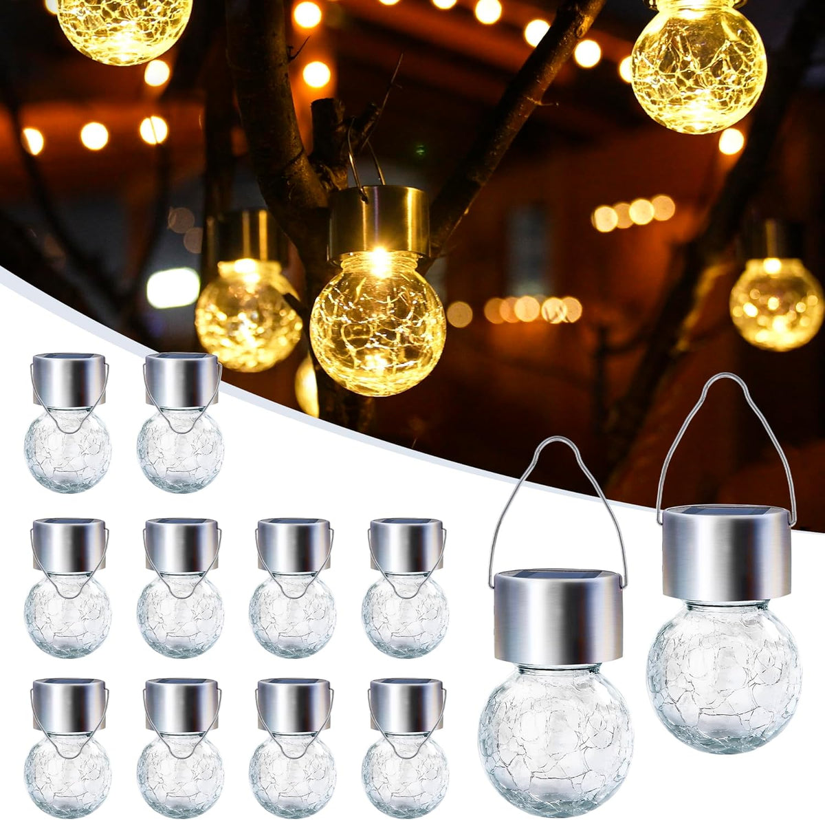 GIGALUMI Solar Lights Outdoor Waterproof ,12 Pack Solar Hanging Lights Garden Decor,Gifts for Women Mom Grandma,Solar Outdoor Lights Lantern Cracked Glass for Yard, Fence, Tree(Warm White)