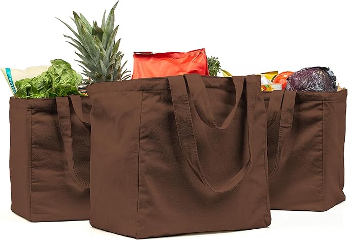 VeraMia Canvas Grocery Bag 3pc XL Set with Real Pockets, Long Shoulder Strap and Short Handle. Heavy Duty, Foldable, Washable