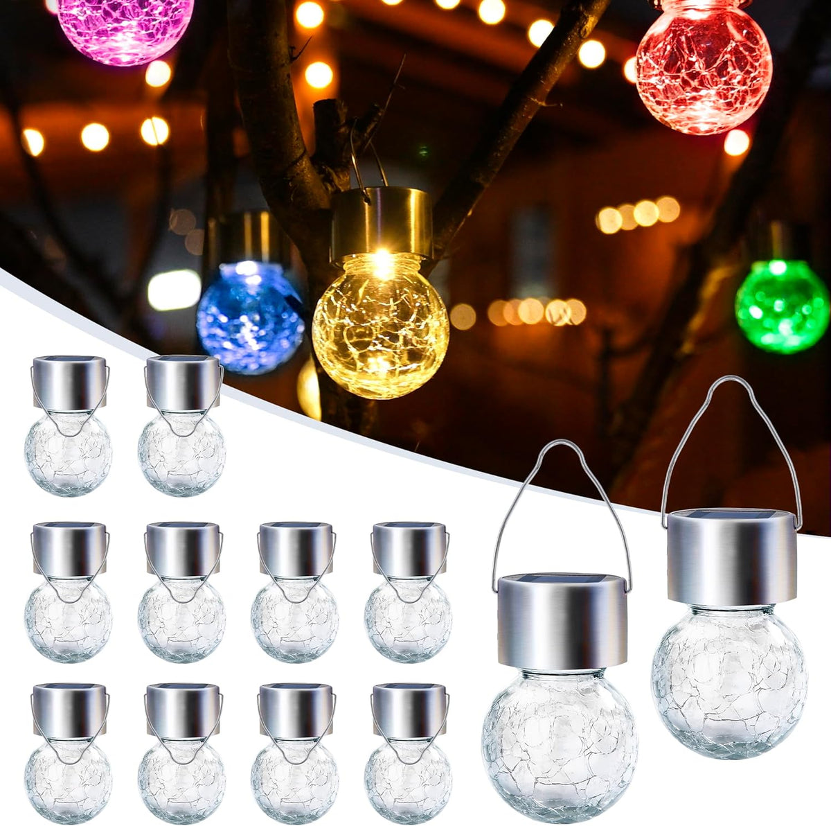 GIGALUMI Solar Lights Outdoor Waterproof ,12 Pack Solar Hanging Lights Garden Decor,Gifts for Women Mom Grandma,Solar Outdoor Lights Lantern Cracked Glass for Yard, Fence, Tree(Color Changing)