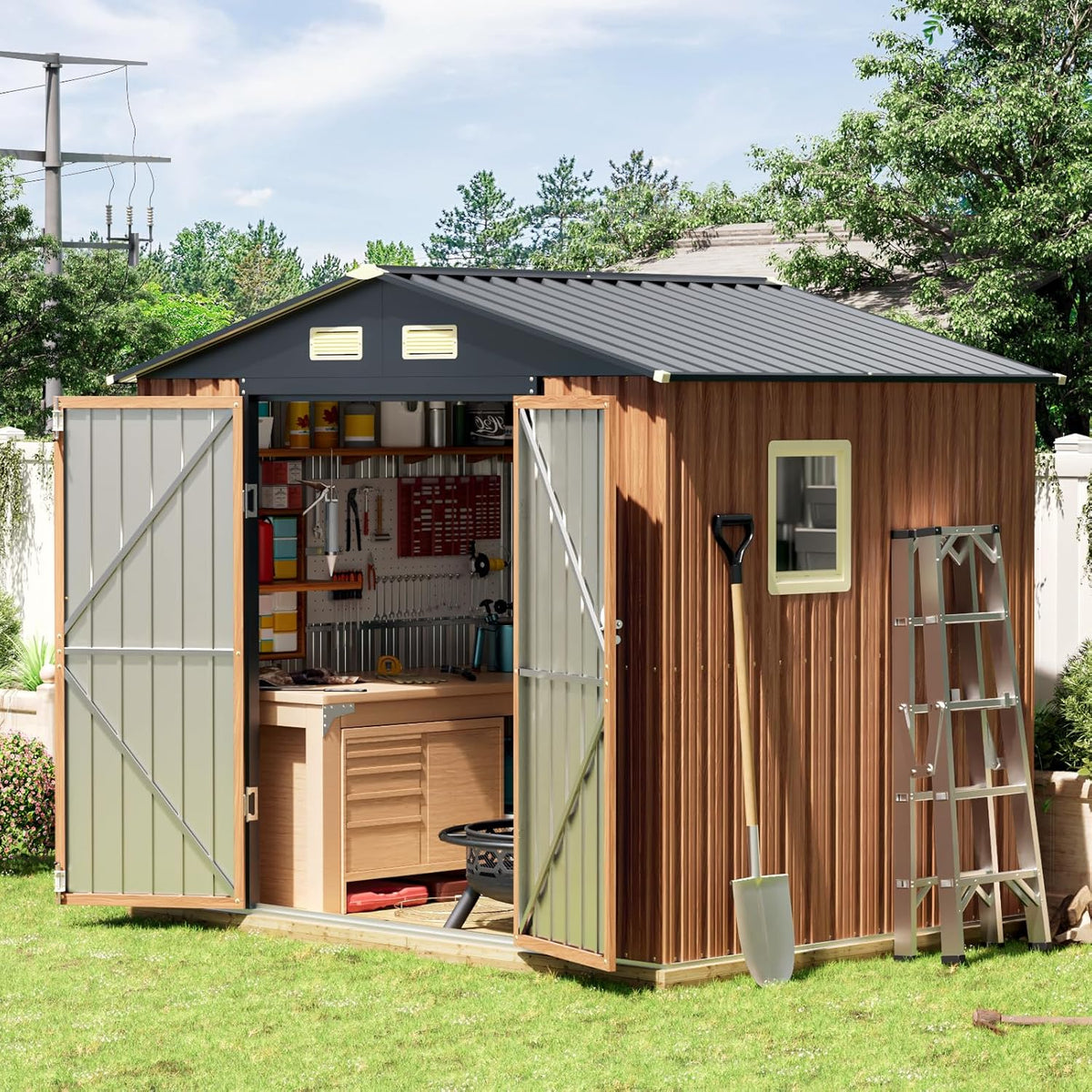 8x6 Ft Storage Shed, Large Outdoor Shed with Floor Base, Window, Lockable Doors, Outside Steel Shed for Garden, Backyard, Lawn, Patio Utility, Tool Storage