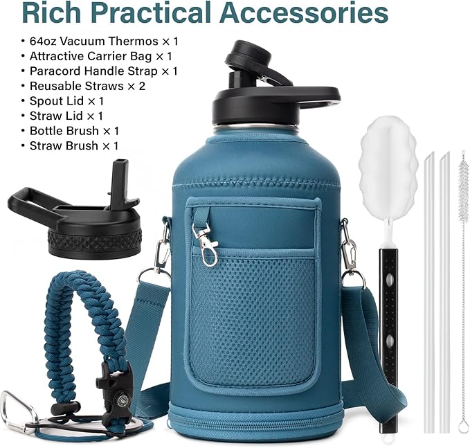 DYSANKY Insulated Water Bottle | Thickened Stainless Steel Vacuum Metal | Portable Sports Half Gallon Large Water Jug for Gym and Hiking with Straw, Carrier Bag, Handle Strap | BPA-Free 64 oz
