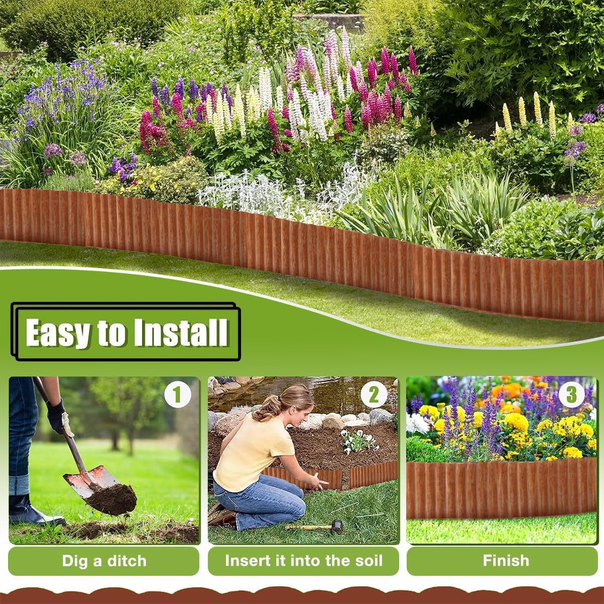 Landscape Edging Border 10in x 20ft- Corrugated Metal Garden Edging-Lawn Edging Borders-Galvanized Edging Long Strips Yard Border for DIY Flower Beds, Plants, Walkways-Brown