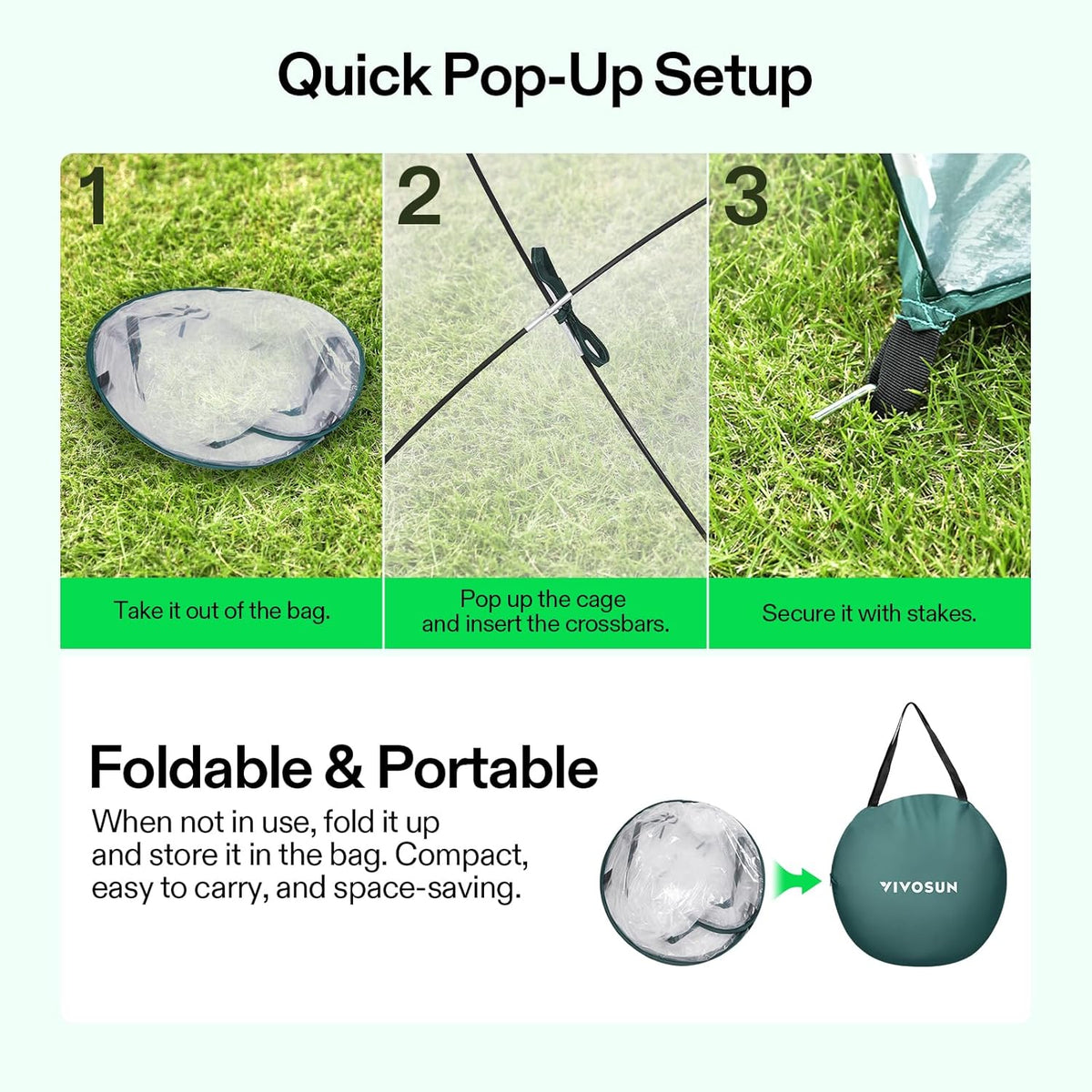 VIVOSUN 49x49x63-Inch Portable Walk-in Greenhouse, with PVC Cover & Detachable Base, Instant Pop-up and Folding, Mini Greenhouse with Roll-Up Door & Mesh Window for Indoor Outdoor, Wind Ropes Included
