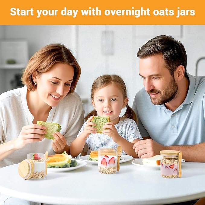 Glass Jar with Bamboo Lids and Spoon - 4 Pack 6 Fl.oz Round Glass Food Storage Jars with Airtight Lid, Includes Labels and Marker, Clear Coffee Sugar Container Set, Loose Tea Canister for Spice
