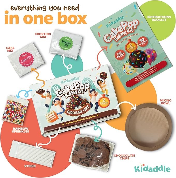 Kidaddle DIY Cake Pop Kit for Kids – Chocolate Drizzle | Kid Baking Kit with Premeasured Ingredients, Decorating Supplies | Made in USA | Certified Kosher | Christmas Kids Gift for Girls & Boys