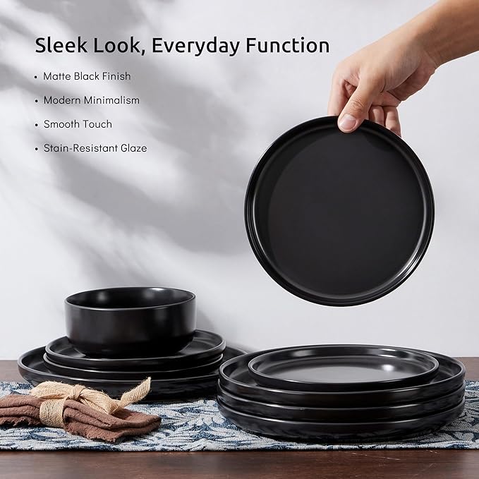 E-far Stoneware Dinnerware Sets for 2, 6-Piece Plates and Bowls Set, Modern Ceramic Dishes Dinning Ware, Microwave & Dishwasher Safe - Matte Black