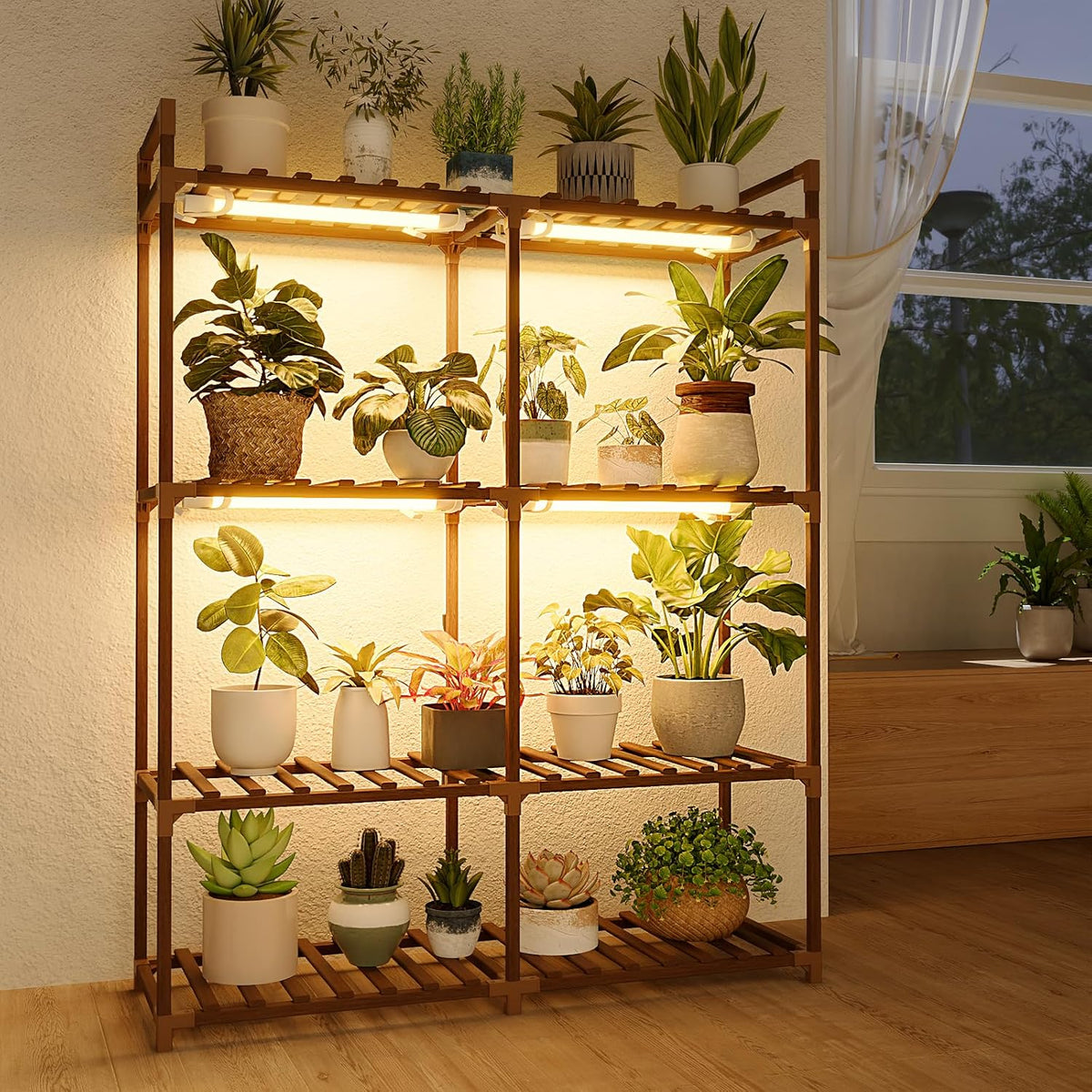 Bamworld Plant Stand with Grow Lights for Indoor Plants Wood Plant Shelf 4 Tier Large Flower Stand for Mutiple Plant Holder Rack for Patio Living Room Balcony