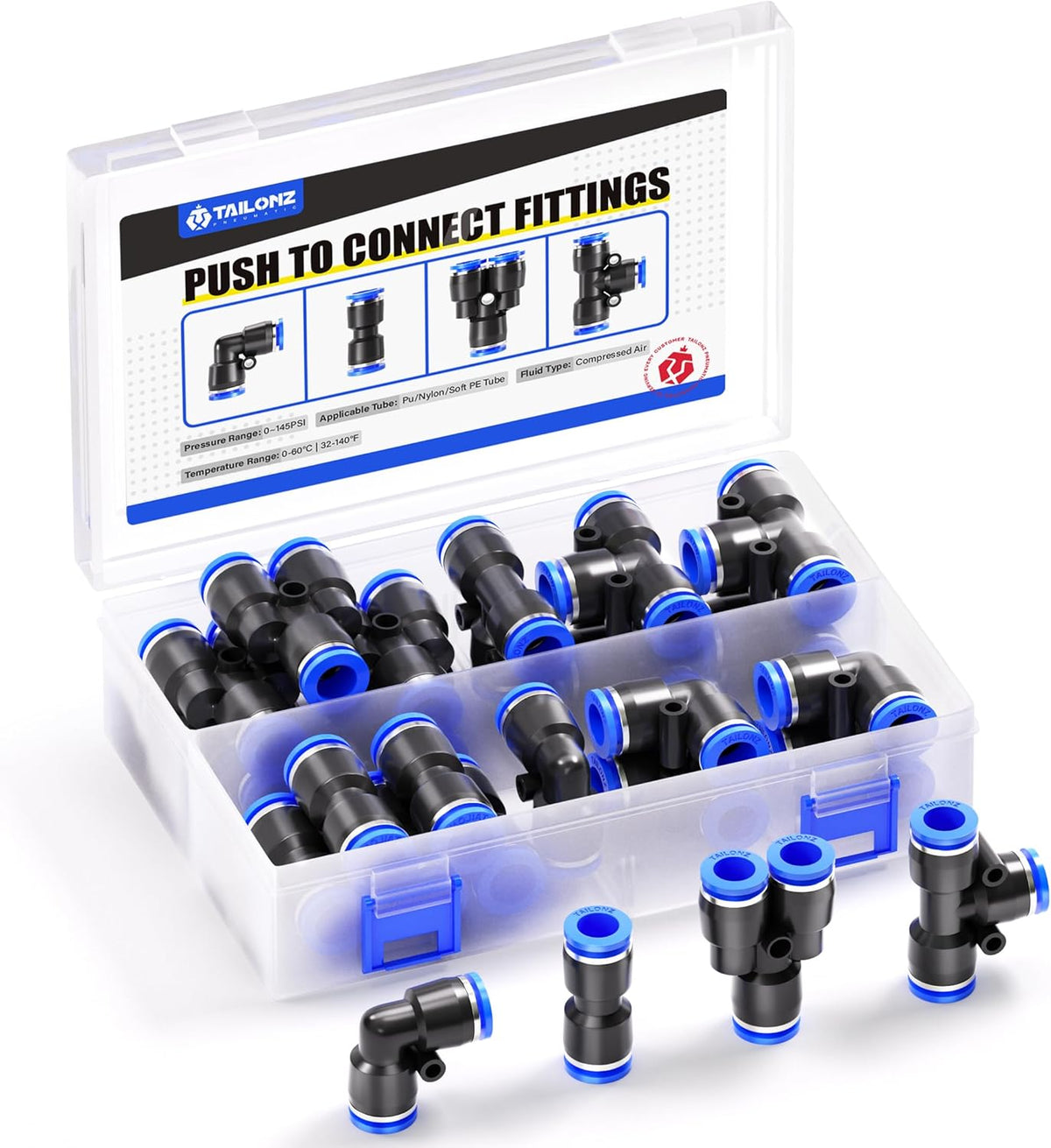 TAILONZ PNEUMATIC 1/2 Inch od Push to Connect Fittings Pneumatic Fittings kit 5 Spliters+5 Elbows+5 tee+5 Straight (20 pcs)