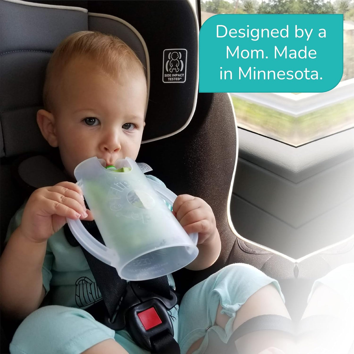 Original Squeeze Proof Flipping Holder with Open Bottom for Food Pouches & Juice Boxes - Multipurpose - Prevent Messes & Support Self-Feeding - Easy Grasping Handles - Made in USA